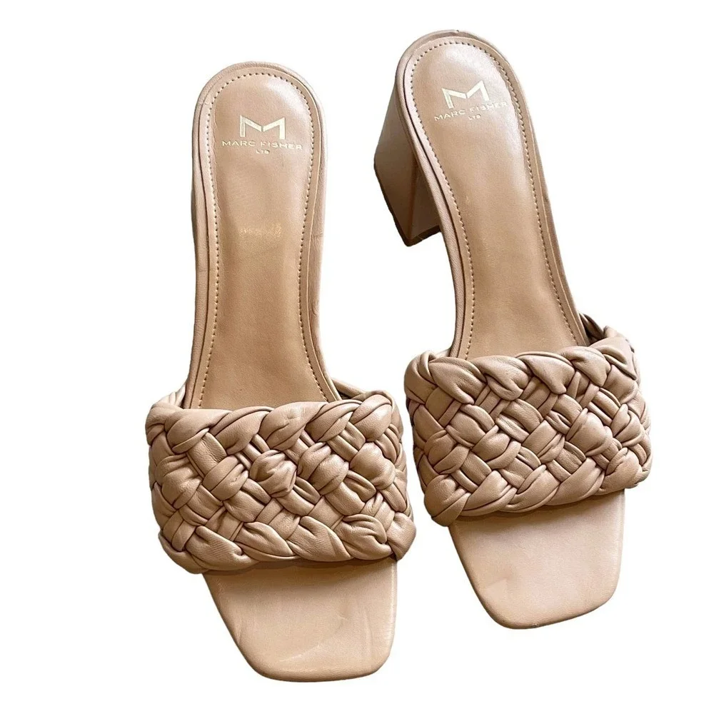 Marc Fisher Block Heel Woven Leather Sandal Cerita Shoes Pink Beige Size 9M
